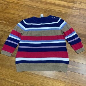 Chico's Sweater Womens Small Petite Striped Nautical Knit Button Shoulder Detail